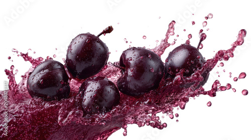 Fresh dark plums floating in dynamic purple fruit juice splash with droplets captured in high speed isolated on transparent background for healthy beverage marketing and commercial branding