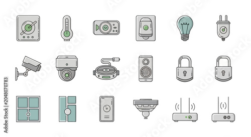 Collection of smart home devices and security icons for modern living.