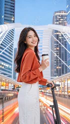 Young woman with electric scooter and coffee in city center at twilight, urban lifestyle portrait with modern skyscrapers in the background.