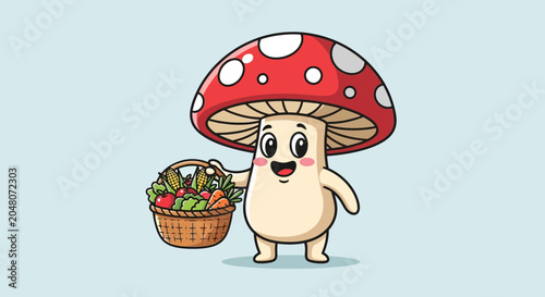 Cartoon mushroom character with vegetable basket