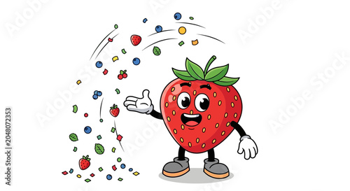 cartoon strawberry character throwing colorful berries
