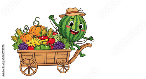 cartoon watermelon pushing vegetable cart
