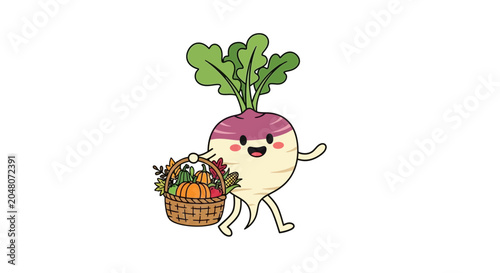 Cute cartoon turnip character with vegetable basket