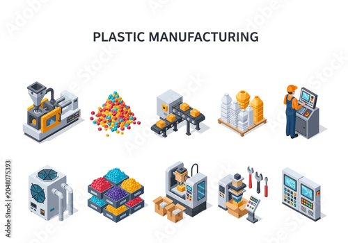 Conceptual isometric illustration of plastic manufacturing process and industrial equipment for production and creation
