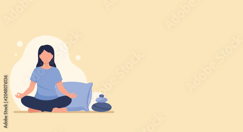 Photography A woman meditates in a peaceful setting with a pillow and zen stones on a soft beige background, promoting mindfulness and mental relaxation