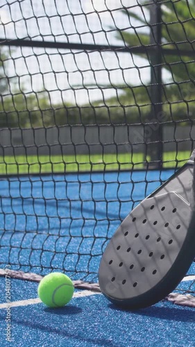 Vertical video: Entering ball rolling on blue court to net settling near padel racket, copy space