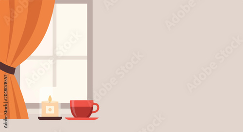 Tableau sur toile A cozy vector illustration features a warm orange curtain, a lit candle, and a red cup of tea resting on a windowsill against a neutral wall