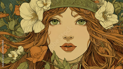 Fantasy, mysterious, wallpaper. A detailed illustration depicts a womans face and upper body. She has striking green eyes and long, wavy brown hair cascading down her back.