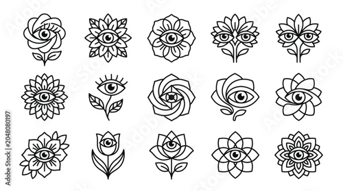Φωτογραφία Large set of esoteric floral and eye line art symbols