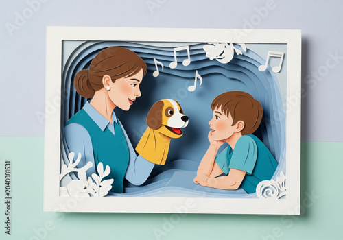 Mother using a dog hand puppet to entertain child in paper art style