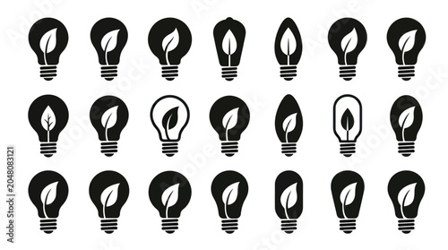 Konstfotografi Creative light bulb icons with leaves for eco-friendly ideas.