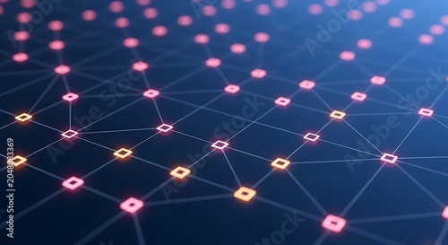 Dark blue digital network topography with glowing orange nodes