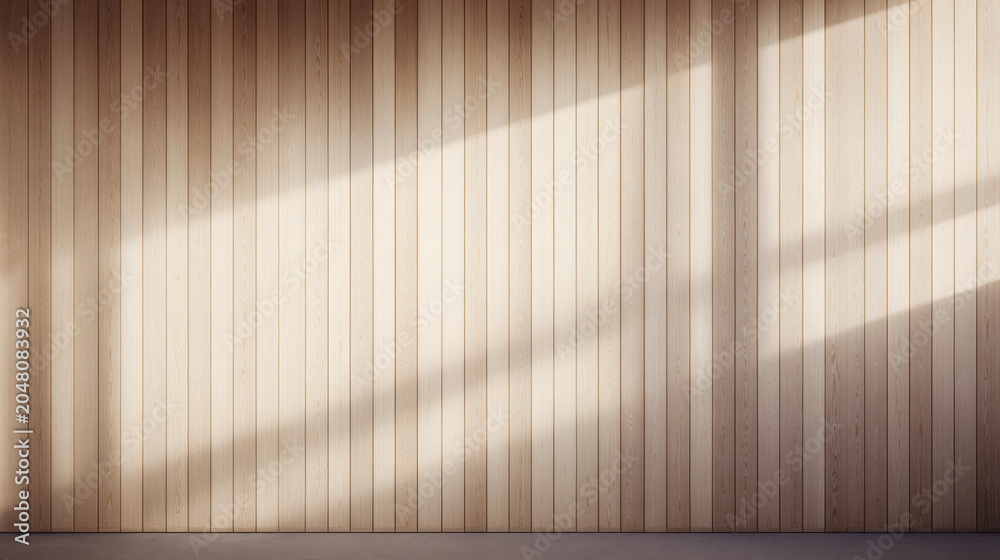 Fototapeta premium Wood wall with vertical panel and soft sunlight shadow in interior room, clean natural wood texture for background and architectural design