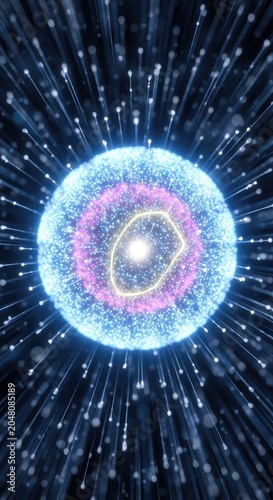 Abstract Digital Illustration of a Glowing Energy Sphere with Light Rays.