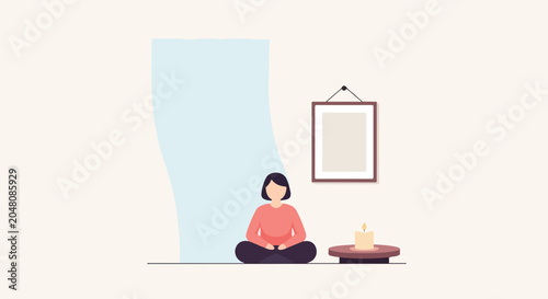 Valokuva A minimalist vector illustration depicting a woman sitting peacefully in a meditative pose next to a lit candle in a calm, serene indoor setting