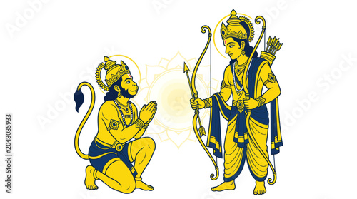 Vászonkép Lord Rama with Hanuman, Indian mythology, religious art, Hindu deities, devotion