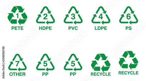 Fotografie Green plastic recycling triangular symbols with resin code numbers