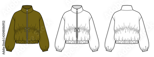 Oversized Bomber Jacket Technical Fashion Illustration. Zip Front Jacket Vector Template. Adjustable Drawcord Channel Detail. Stand Collar. Elastic Hem and Cuffs. Front and Back View. CAD Mockup Set.