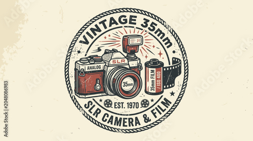 Obraz na płótnie Vintage slr camera and film illustration on cream background