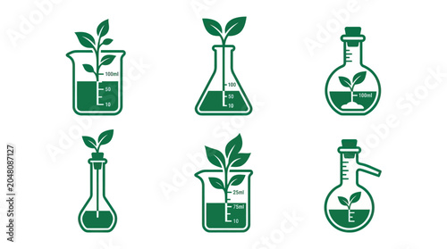 Quadro su tela Set of botanical research laboratory icons with green plants.