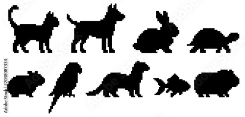 Canvastavla Pixel art pet icon set, 8-bit retro animal silhouettes, featuring vector illustr