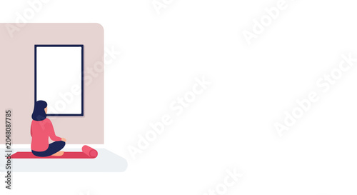 Fotografia A minimalist vector illustration of a woman sitting on a yoga mat in a meditative pose facing a blank white frame on a light-colored wall