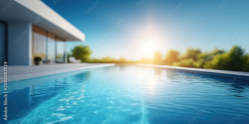 Fototapeta premium Outdoor swimming pool modern house sunny day blue water luxury home backyard patio architecture reflection landscape