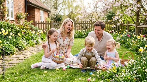 A happy family enjoying an Easter egg hunt in a beautiful garden. The parents are sitting on a blanket with their three young children, surrounded by blooming flowers and trees