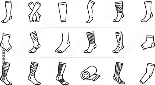 Apparel and Footwear Accessories Black  White Line Art Vector Set: Collection of Socks, Hosiery, and Compression Legwear Icons for Fashion and Health Themes