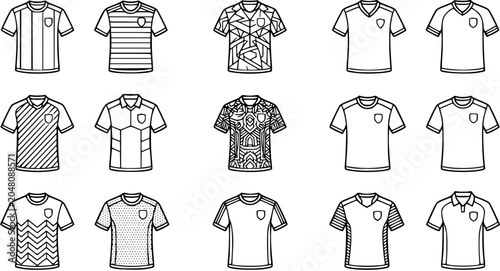 Black and White Line Art Collection of Soccer Jerseys in Various Designs