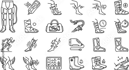 Leg Compression Therapy Outline Icons Set. Medical, Sports Recovery  Physical Fitness Devices Black Line Art.