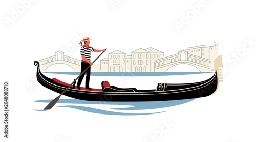 Quadro su tela A gondolier in Venice steers a traditional gondola boat along a canal with historic buildings and bridges in the background