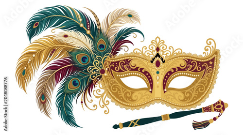 Ornate golden Venetian mask adorned with colorful peacock feathers and a decorative scepter, perfect for masquerade events.