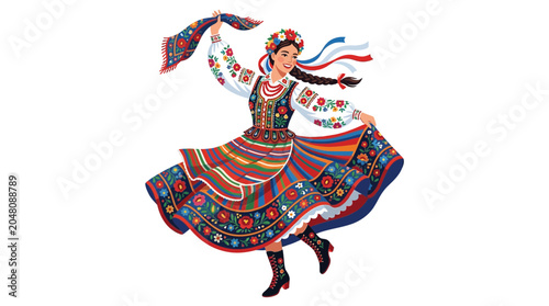 Young woman in traditional Polish folk costume dancing joyfully.