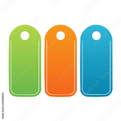 Three blank tags in green, orange, and blue on white background
