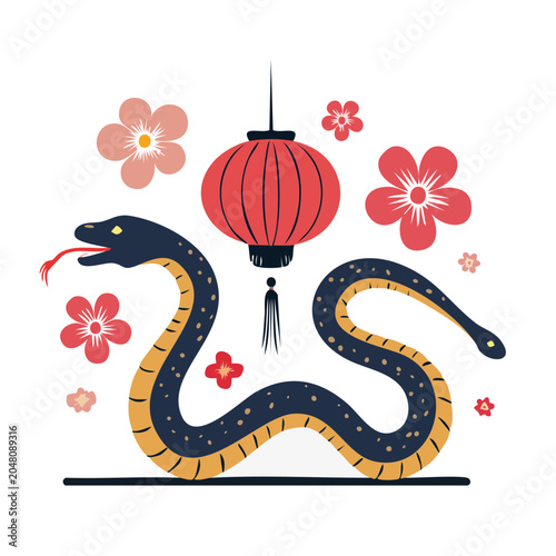 Stylized Snake with Chinese Lantern and Flowers