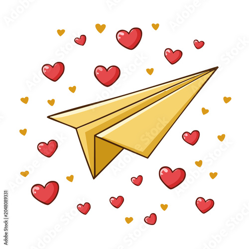 Yellow Paper Airplane Flying with Red and Gold Hearts