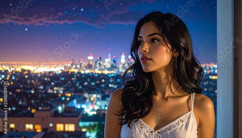 A woman in a white dress gazes pensively out a window at a nighttime cityscape, with a starry sky overhead