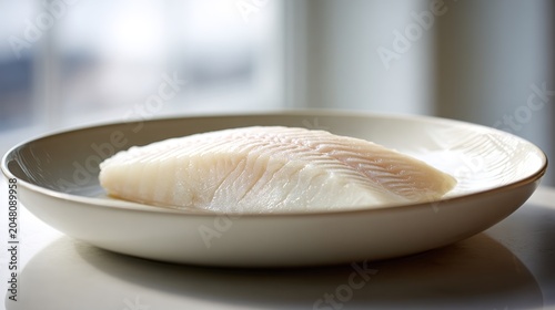 turbot. A white fish fillet on a ceramic plate in a fine dining setting. menu design, packaging mockups, designed for food delivery and cloud-kitchen brand materials, supports restaurant marketing.