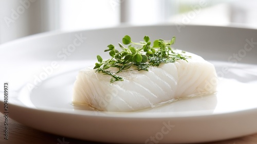 turbot. A white fish fillet on a ceramic plate in a fine dining setting. menu design, packaging mockups, designed for food delivery and cloud-kitchen brand materials, supports restaurant marketing.