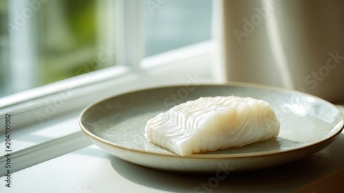 turbot. A white fish fillet on a ceramic plate in a fine dining setting. menu design, packaging mockups, designed for food delivery and cloud-kitchen brand materials, supports restaurant marketing.