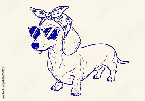 Dachshund dog wearing sunglasses and a patterned bandana.