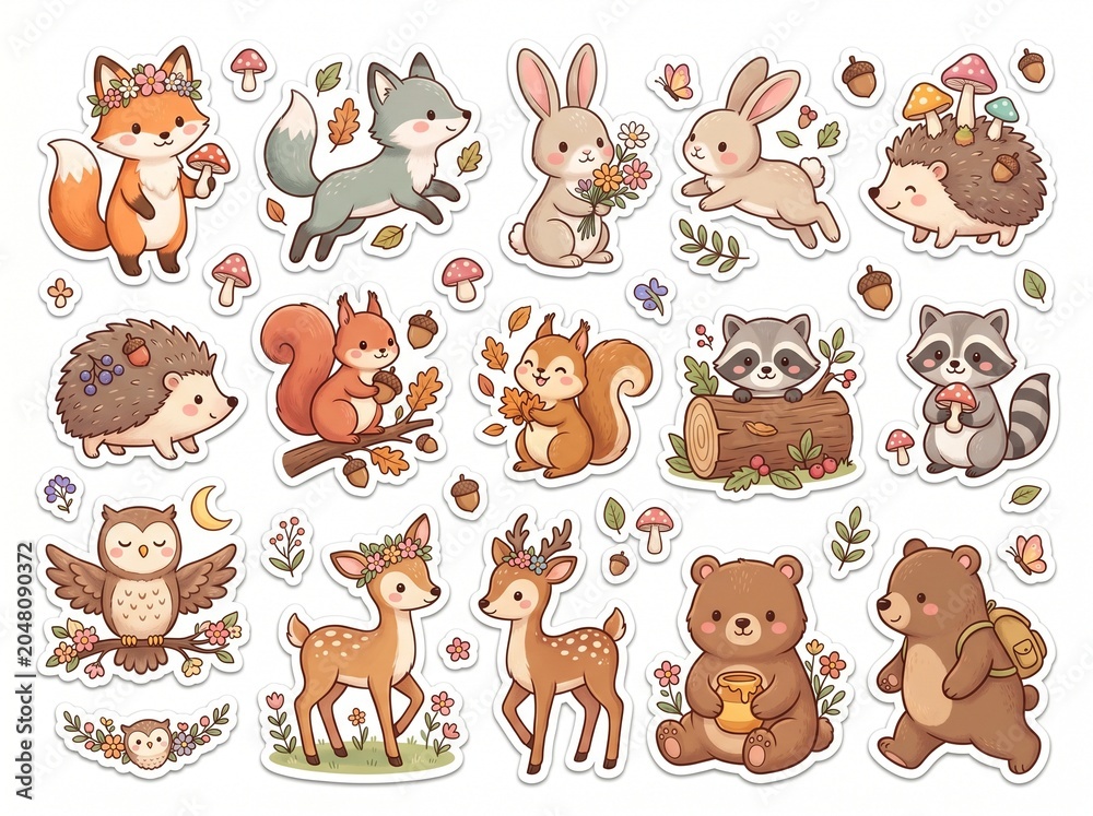 Fototapeta premium Sticker sheet featuring charming woodland animals and nature