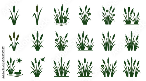 Tableau sur toile Green reed and cattail marsh plant icons.