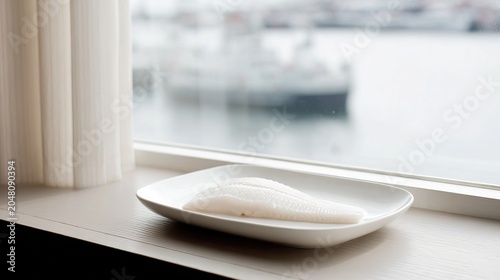 turbot. A white fish fillet on a ceramic plate in a fine dining setting. menu design, packaging mockups, designed for food delivery and cloud-kitchen brand materials, supports restaurant marketing.
