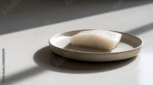 turbot. A white fish fillet on a ceramic plate in a fine dining setting. menu design, packaging mockups, designed for food delivery and cloud-kitchen brand materials, supports restaurant marketing.