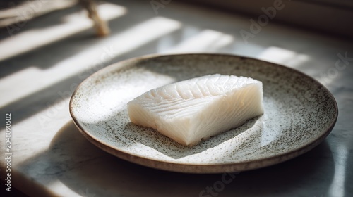 turbot. A white fish fillet on a ceramic plate in a fine dining setting. menu design, packaging mockups, designed for food delivery and cloud-kitchen brand materials, supports restaurant marketing.