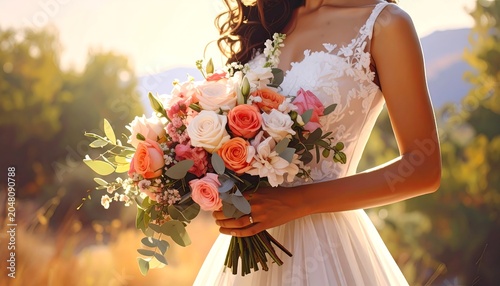 A woman in a white dress holds a bouquet of colorful flowers against a backdrop of golden sunlight. Focus is on the flowers