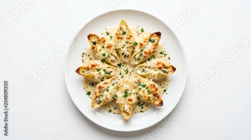 Top View Chicken Alfredo Stuffed Pasta Shells White Ceramic Plate Food Photography

