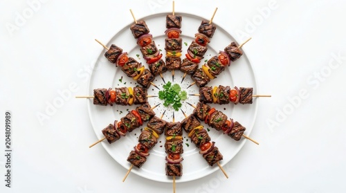 Top View Grilled Beef Kebabs Radial Pattern White Round Ceramic Plate Restaurant Styling

